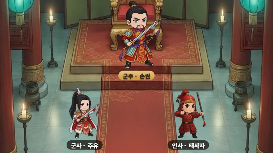 알현실에 내정·군사·외교·특수·인사 담당관이 배치된 게임 화면